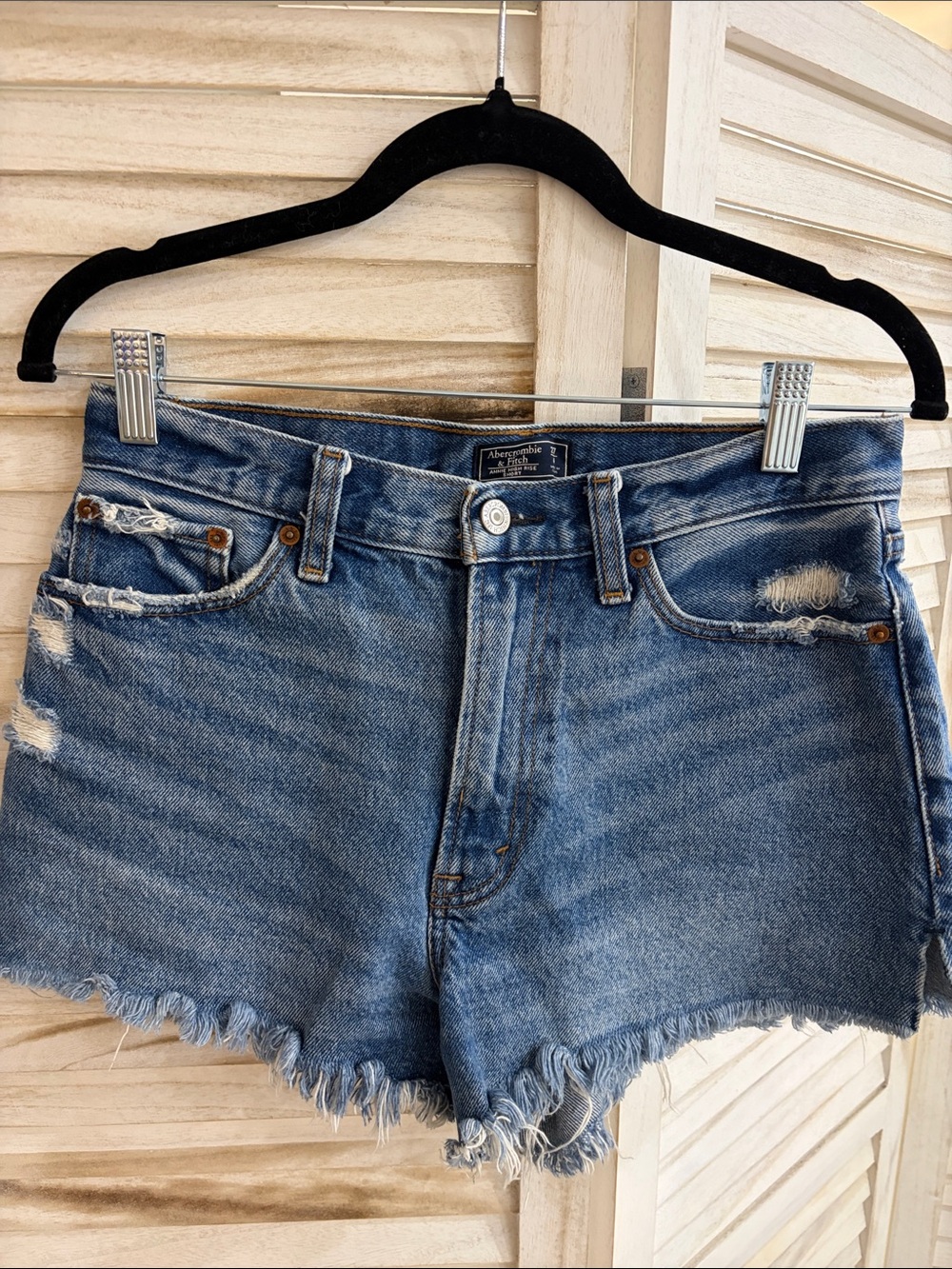 Abercrombie & Fitch Frayed Hem Distressed Denim Shorts - Blue